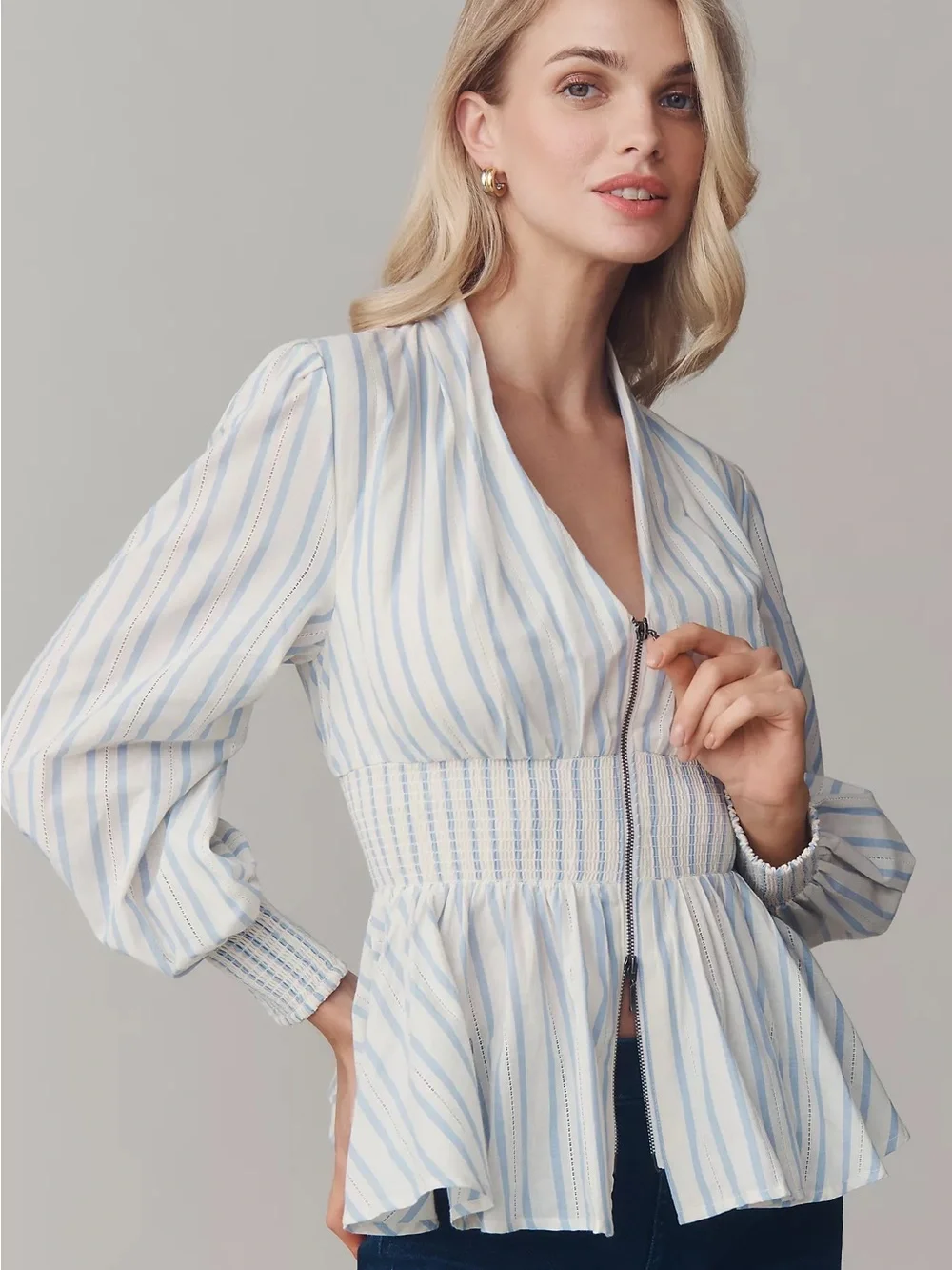 Anthropologie Tommie Long-Sleeve Smocked Front-Zip Blouse